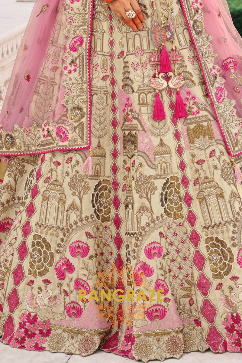 Ivory Blush Elegance – Silk Lehenga with Pink Embroidered Dupatta