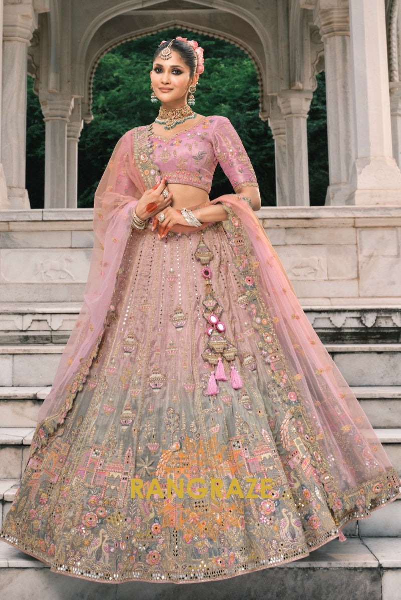 Blush Orchid Pastel Pink & Sage Embroidered Bridal Lehenga – A Dream of Subtle Elegance