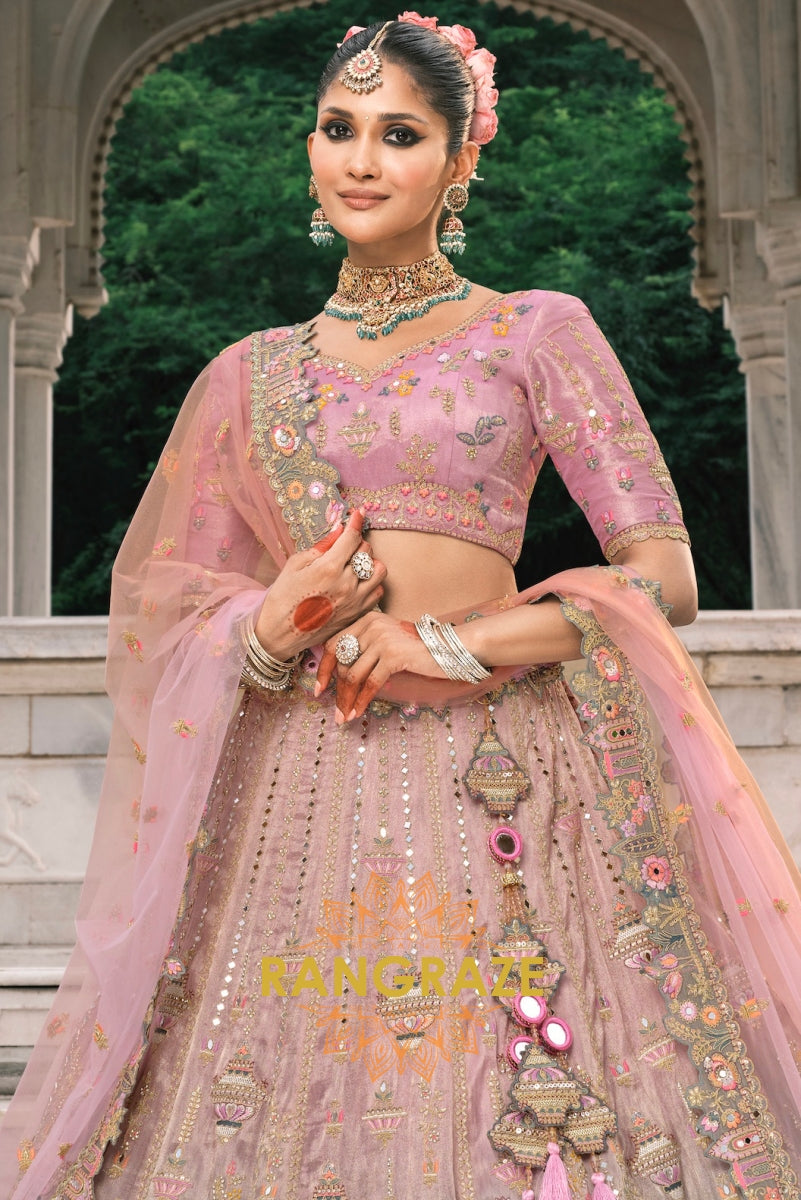 Blush Orchid Pastel Pink & Sage Embroidered Bridal Lehenga – A Dream of Subtle Elegance
