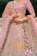 Blush Orchid Pastel Pink & Sage Embroidered Bridal Lehenga – A Dream of Subtle Elegance