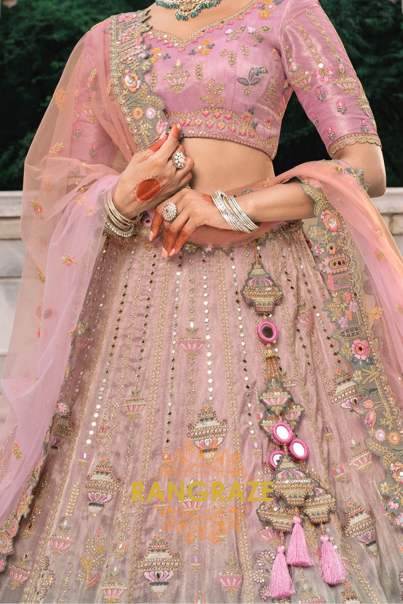 Blush Orchid Pastel Pink & Sage Embroidered Bridal Lehenga – A Dream of Subtle Elegance