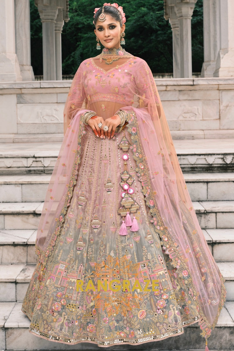 Blush Orchid Pastel Pink & Sage Embroidered Bridal Lehenga – A Dream of Subtle Elegance