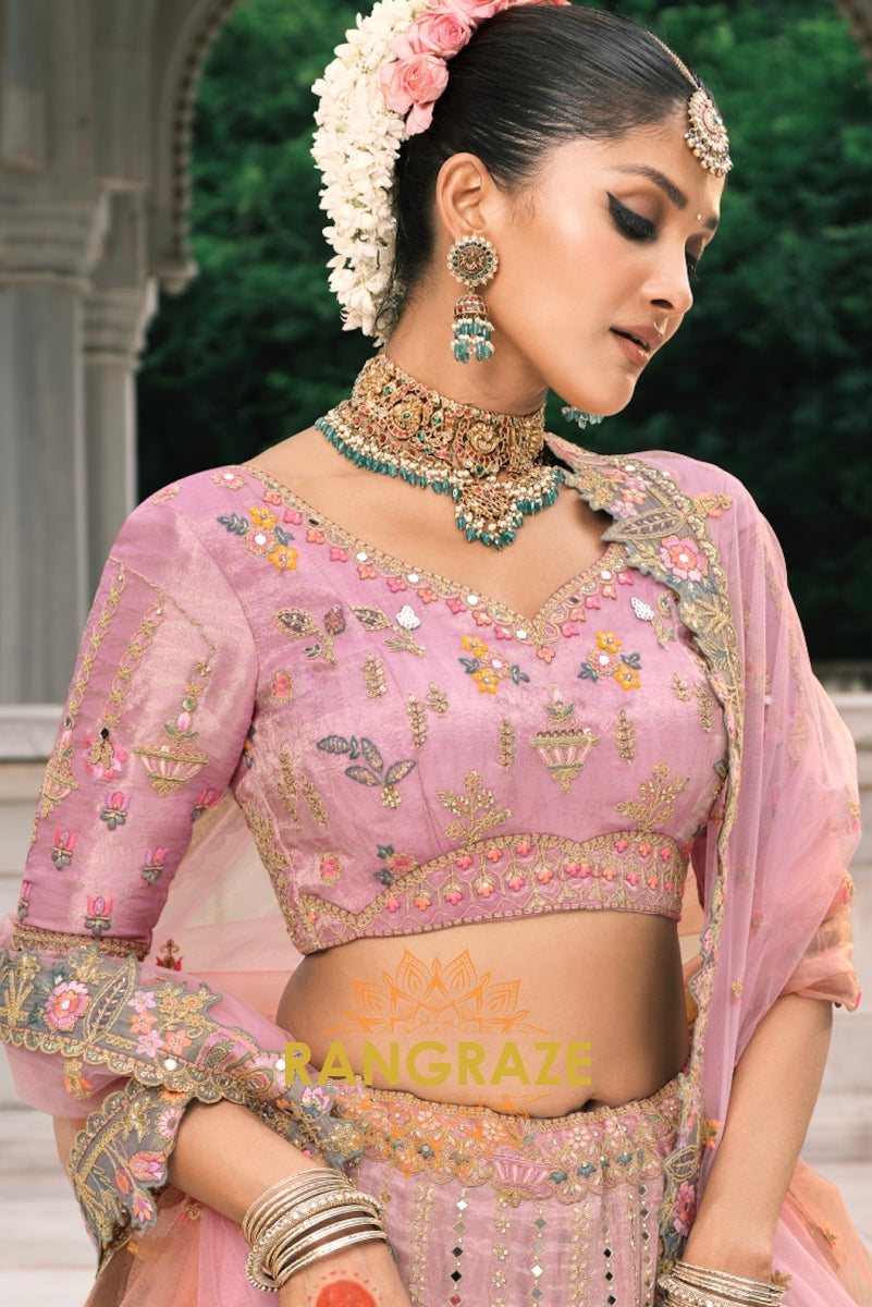 Blush Orchid Pastel Pink & Sage Embroidered Bridal Lehenga – A Dream of Subtle Elegance