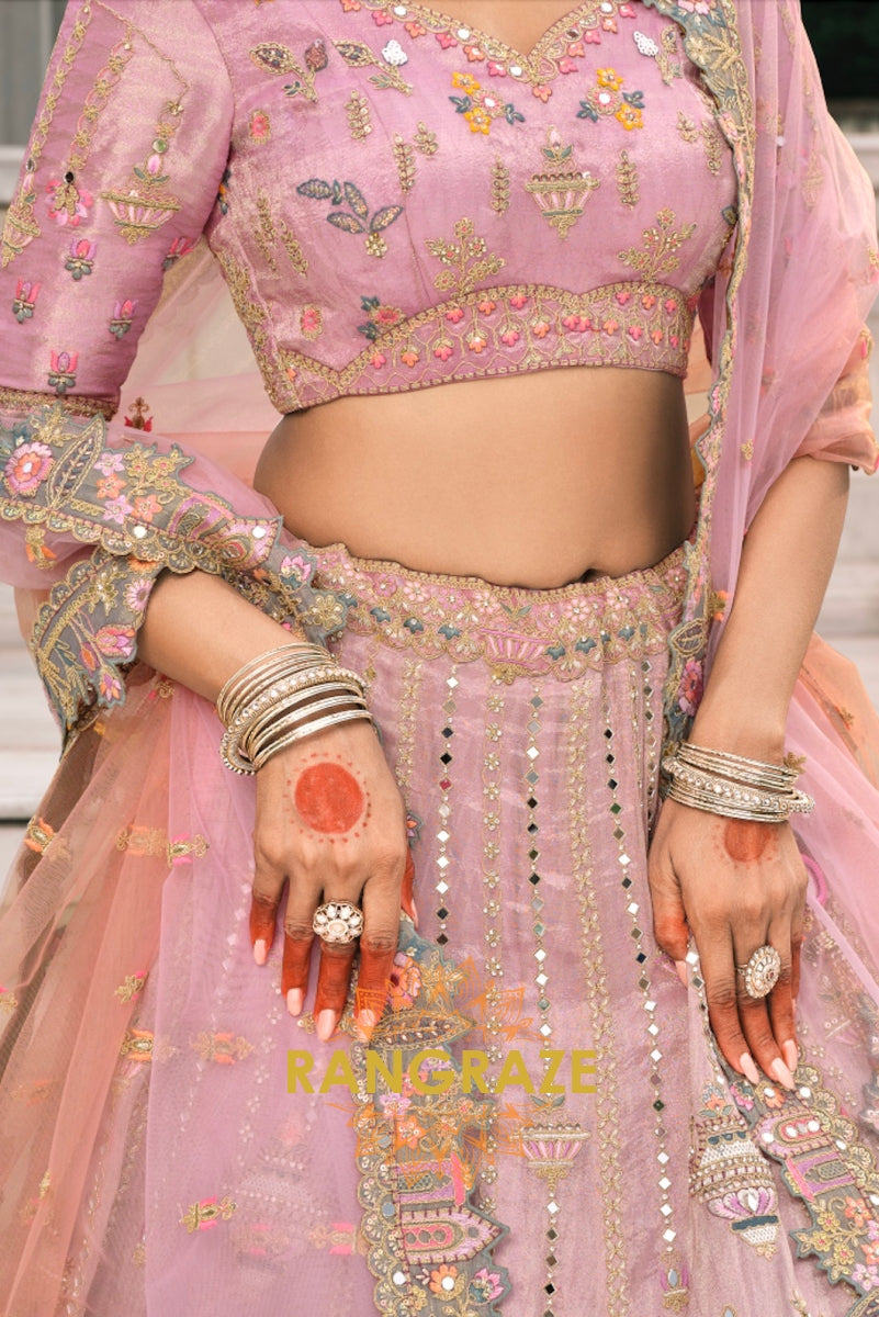 Blush Orchid Pastel Pink & Sage Embroidered Bridal Lehenga – A Dream of Subtle Elegance