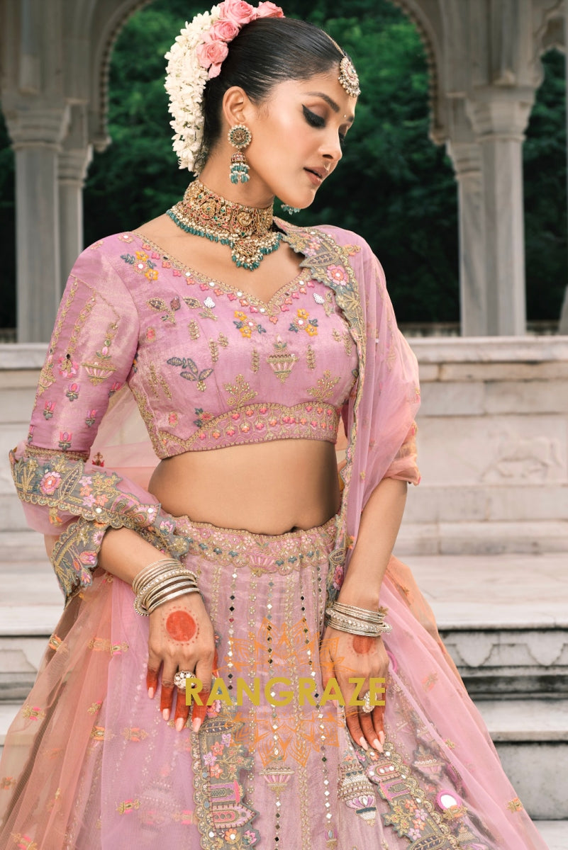 Blush Orchid Pastel Pink & Sage Embroidered Bridal Lehenga – A Dream of Subtle Elegance