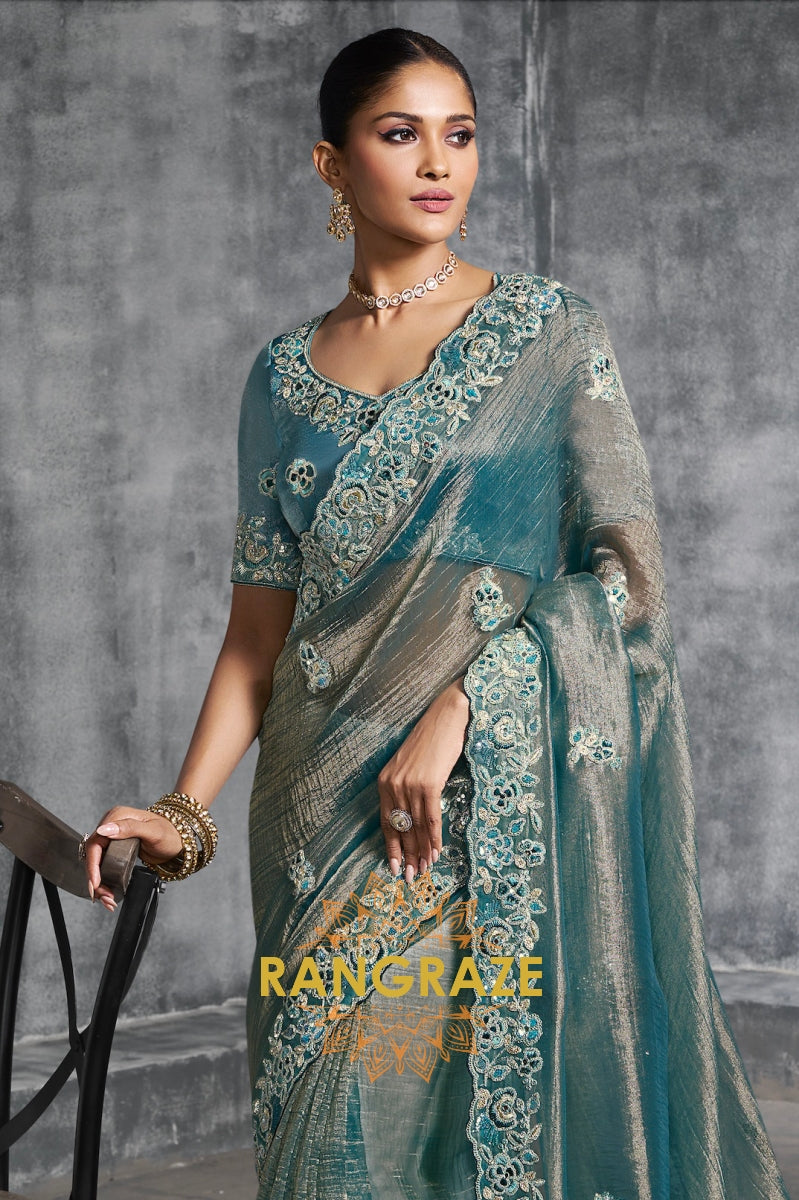 Teal Blue Premium Tissue Zari Saree with Intricate Embroidery