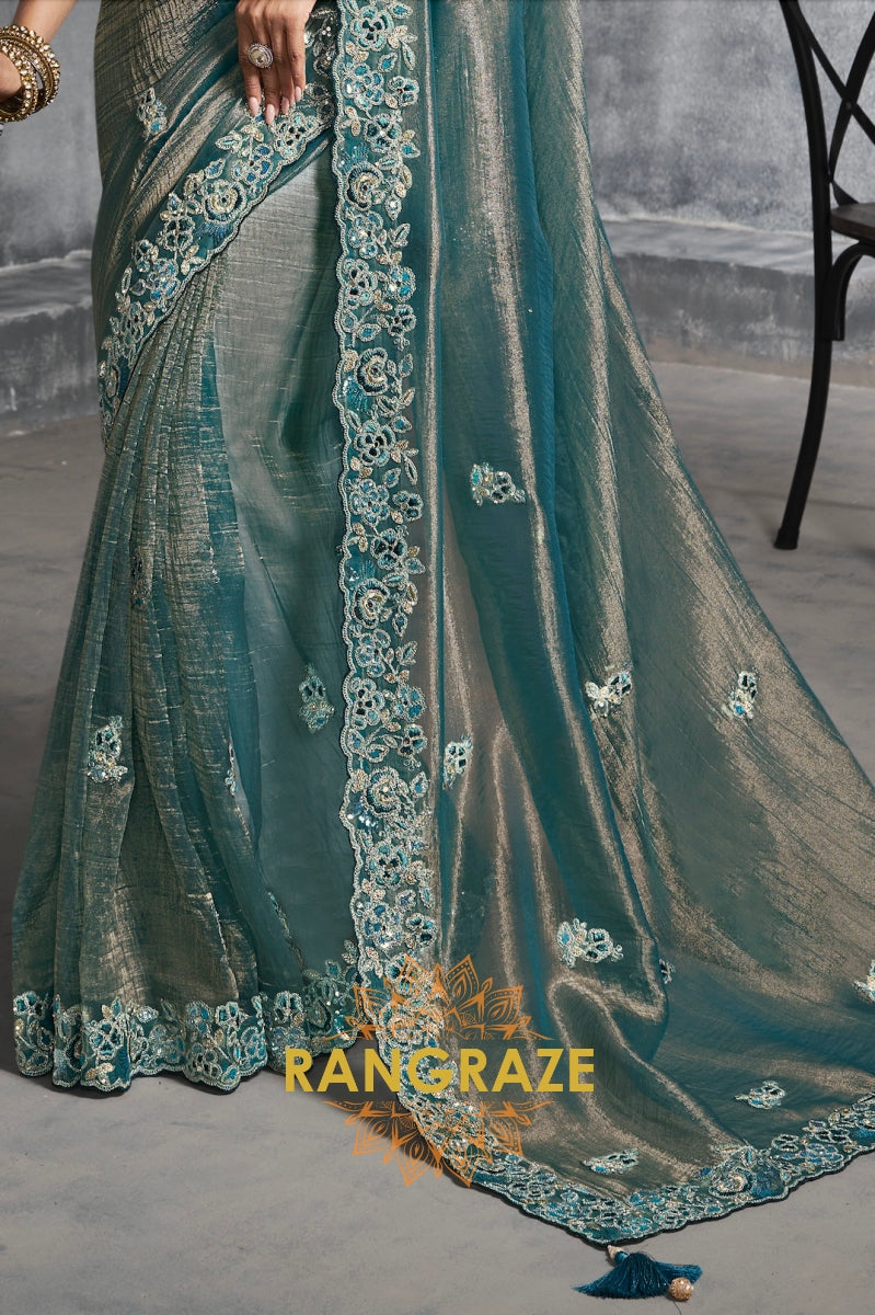Teal Blue Premium Tissue Zari Saree with Intricate Embroidery