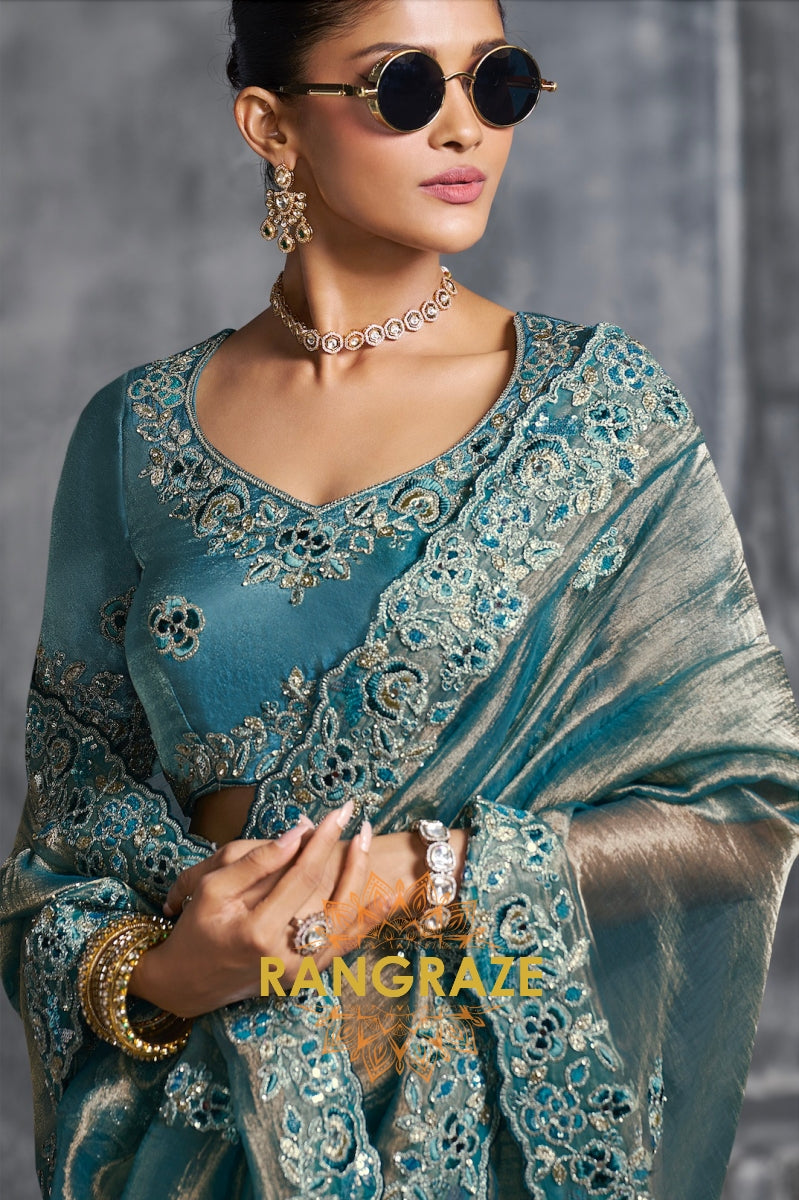 Teal Blue Premium Tissue Zari Saree with Intricate Embroidery