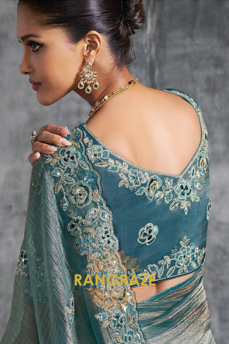 Teal Blue Premium Tissue Zari Saree with Intricate Embroidery