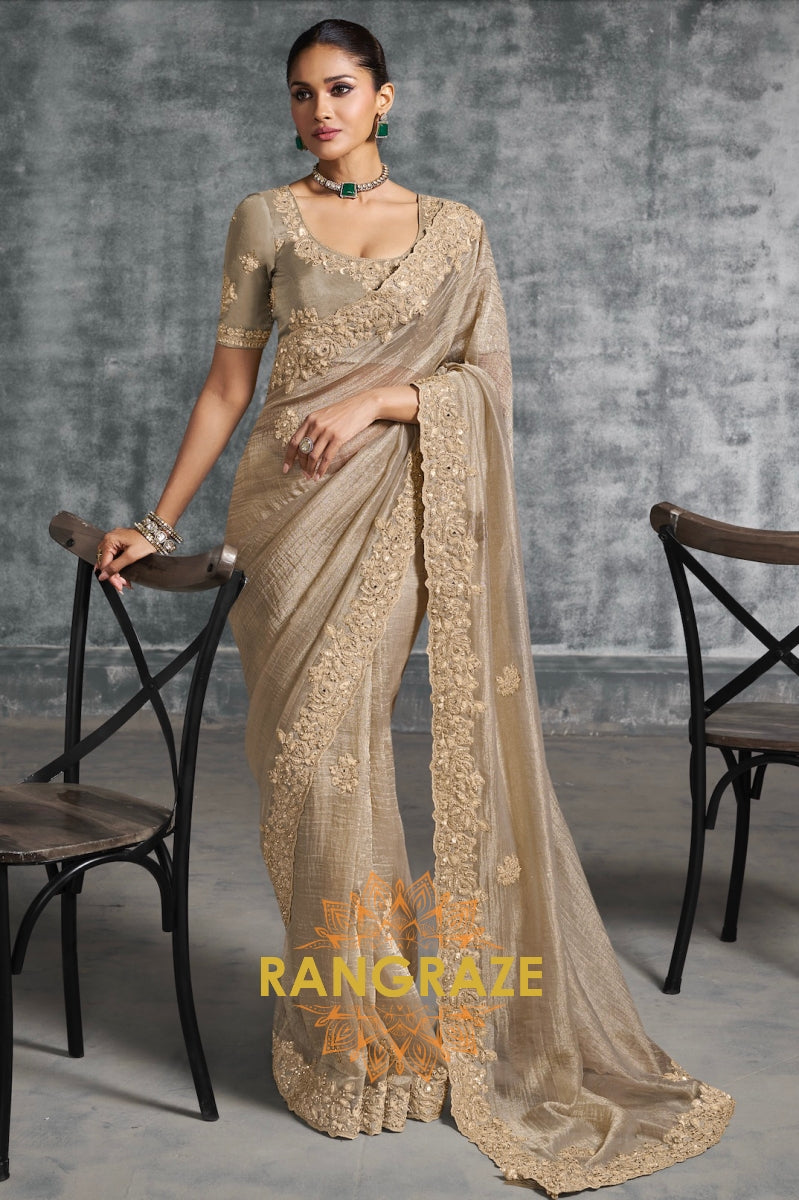 Golden Glow Charm: Embroidered Tissue Organza Saree
