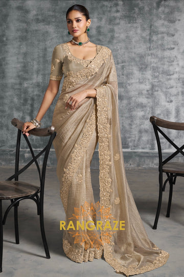 Golden Glow Charm: Embroidered Tissue Organza Saree