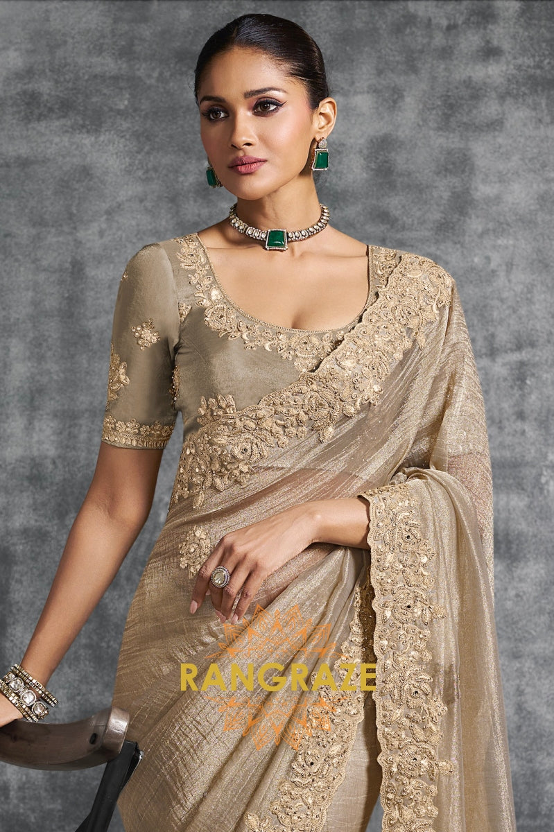 Golden Glow Charm: Embroidered Tissue Organza Saree