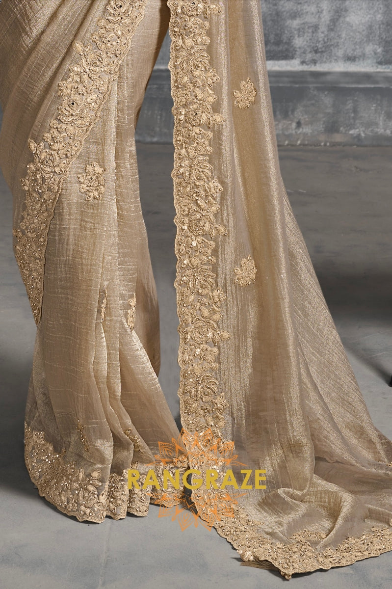 Golden Glow Charm: Embroidered Tissue Organza Saree