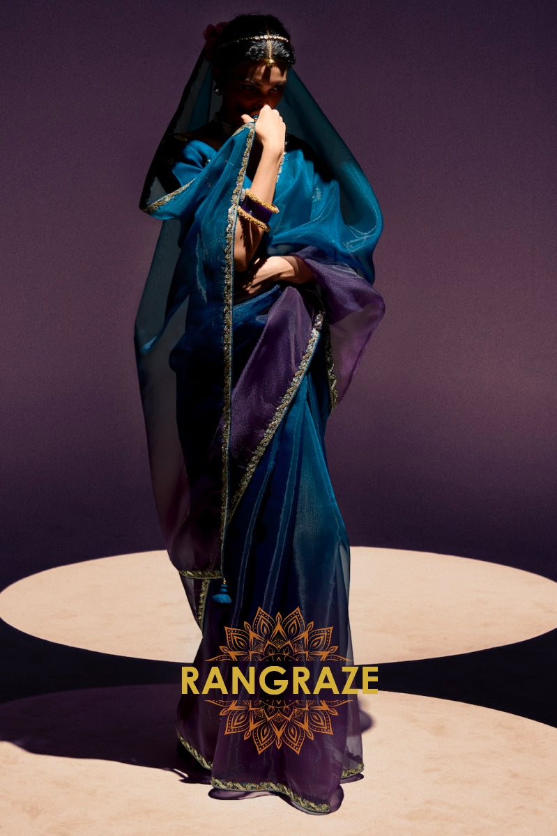 Peacock Teal & Plum Ombre Organza Saree