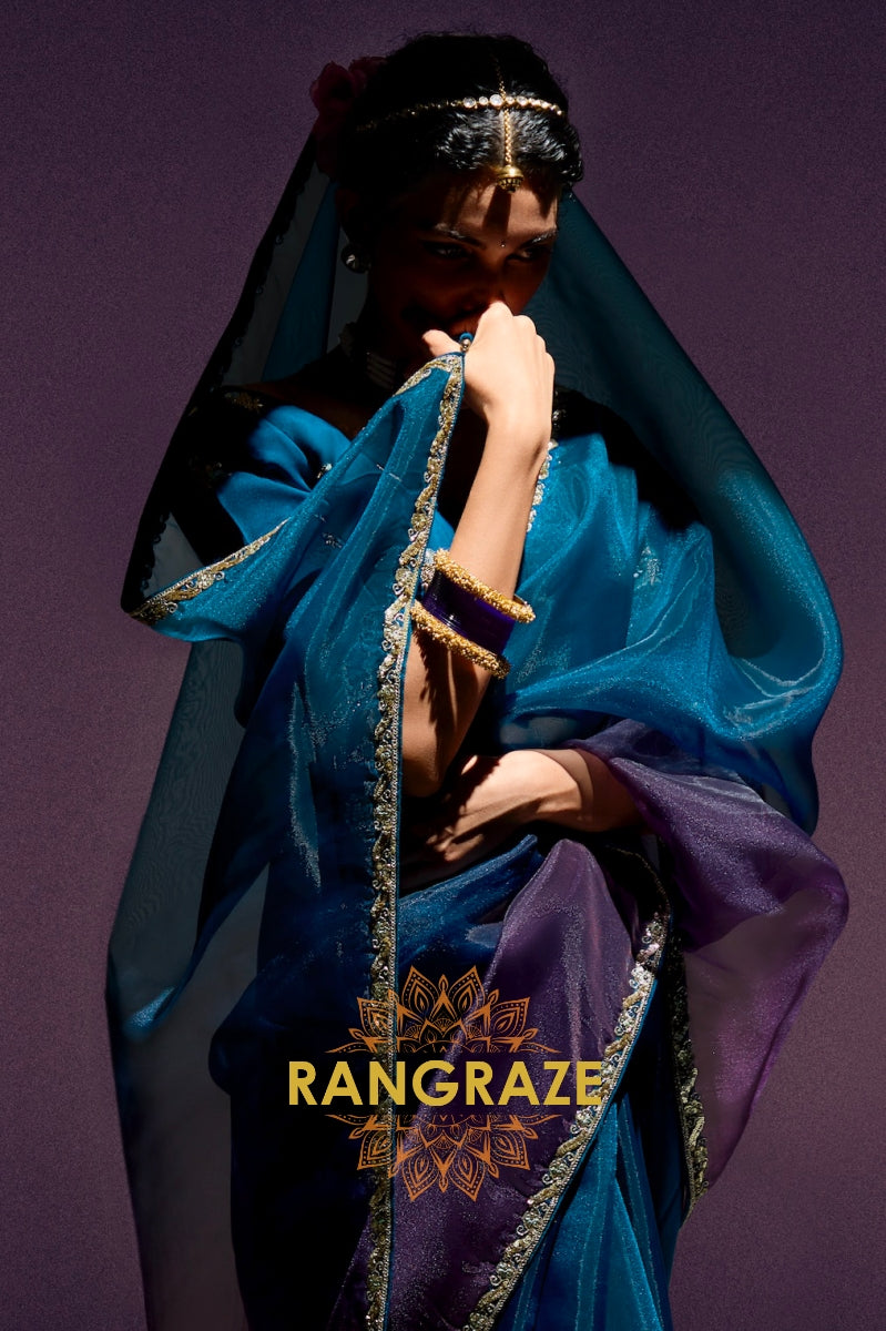 Peacock Teal & Plum Ombre Organza Saree