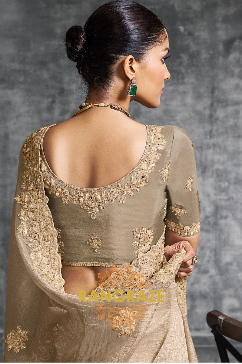 Golden Glow Charm: Embroidered Tissue Organza Saree