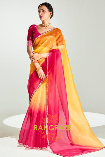 Sunshine Pink Ombre Organza Tissue Silk Saree