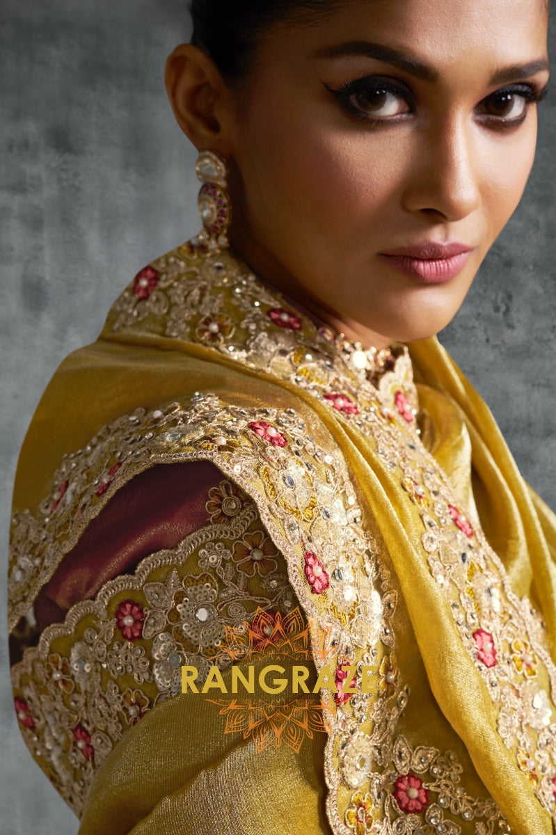 Regal Gold Tissue Zari Saree with Maroon Silk Blouse