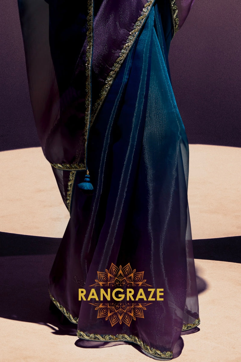 Peacock Teal & Plum Ombre Organza Saree
