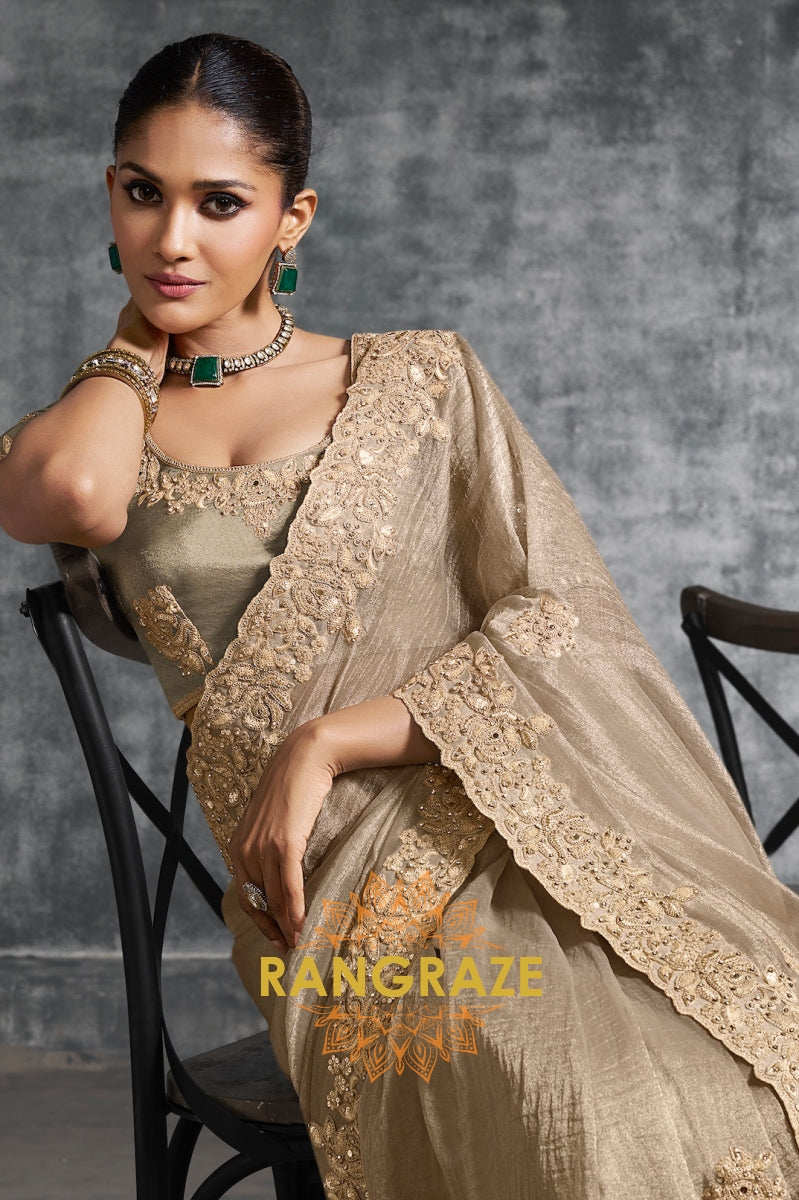 Golden Glow Charm: Embroidered Tissue Organza Saree