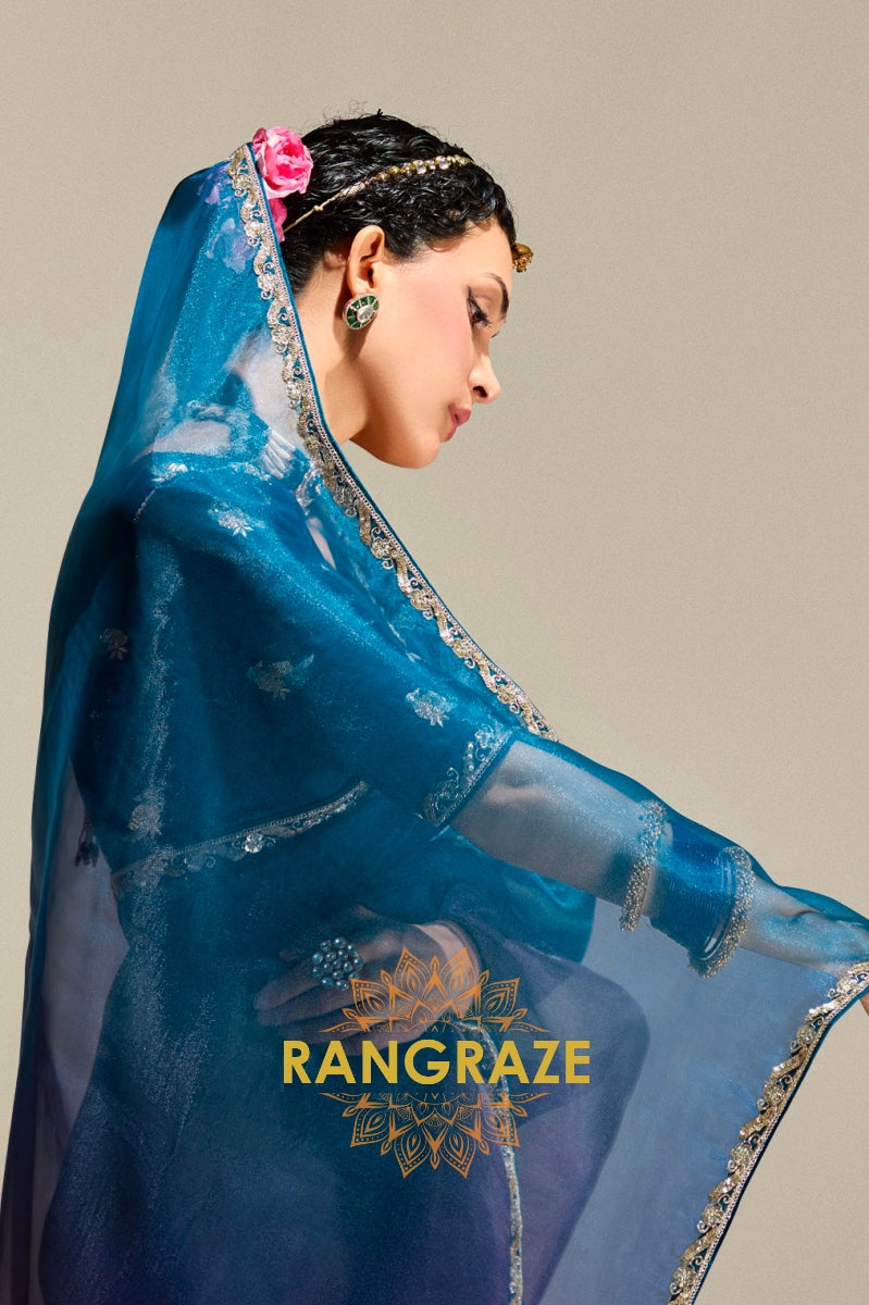 Peacock Teal & Plum Ombre Organza Saree