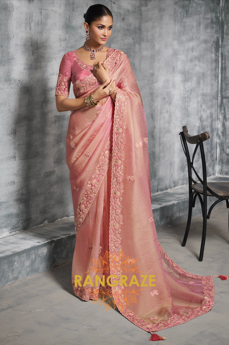 Blush Pink Tissue Silk Saree with Intricate Embroidery