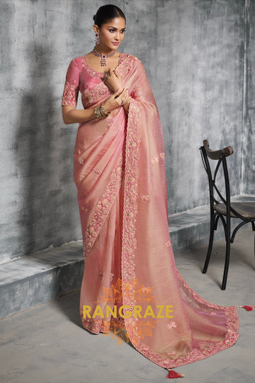 Blush Pink Tissue Silk Saree with Intricate Embroidery
