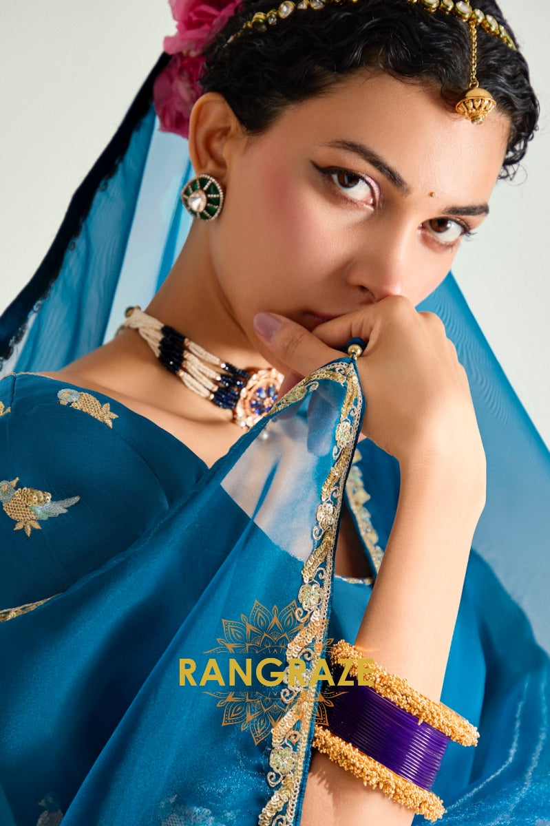 Peacock Teal & Plum Ombre Organza Saree
