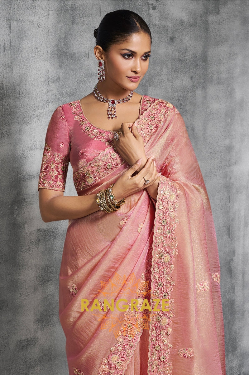 Blush Pink Tissue Silk Saree with Intricate Embroidery