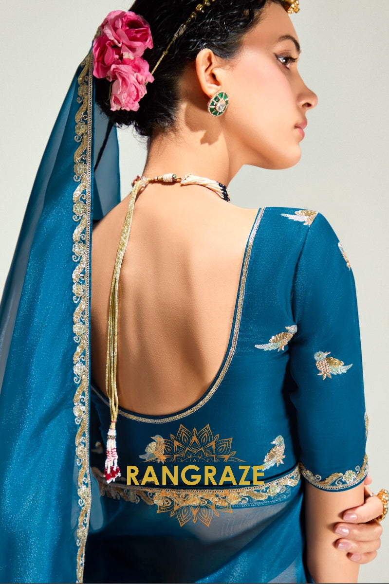 Peacock Teal & Plum Ombre Organza Saree