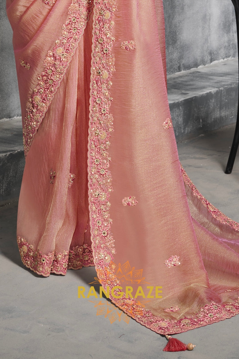 Blush Pink Tissue Silk Saree with Intricate Embroidery