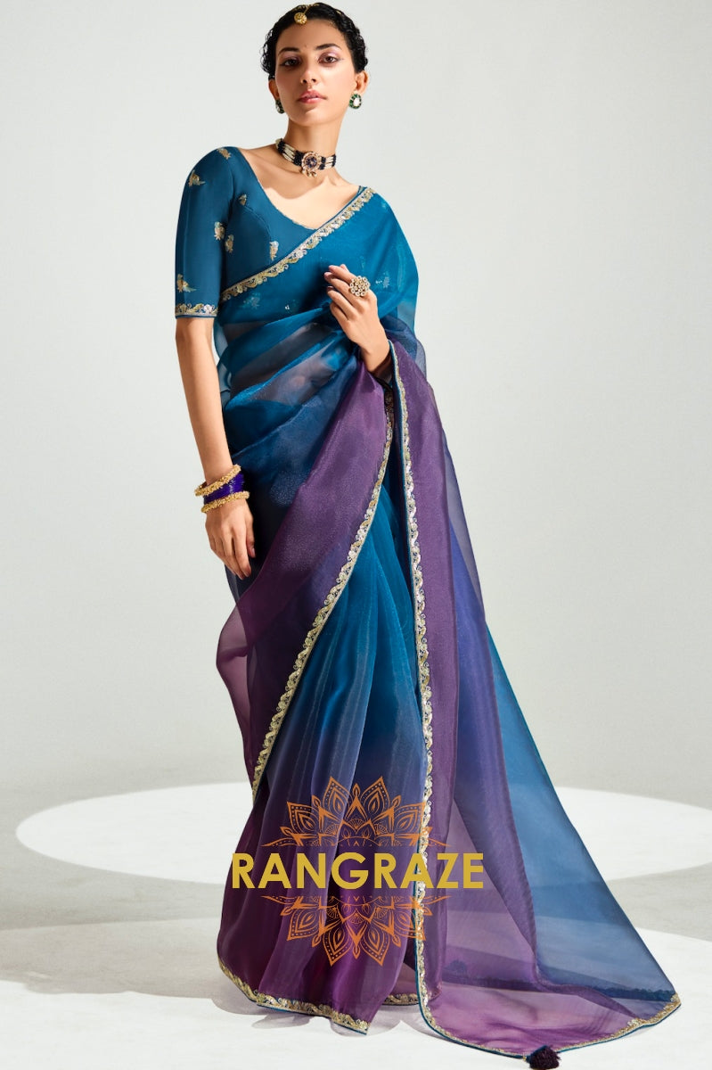 Peacock Teal & Plum Ombre Organza Saree