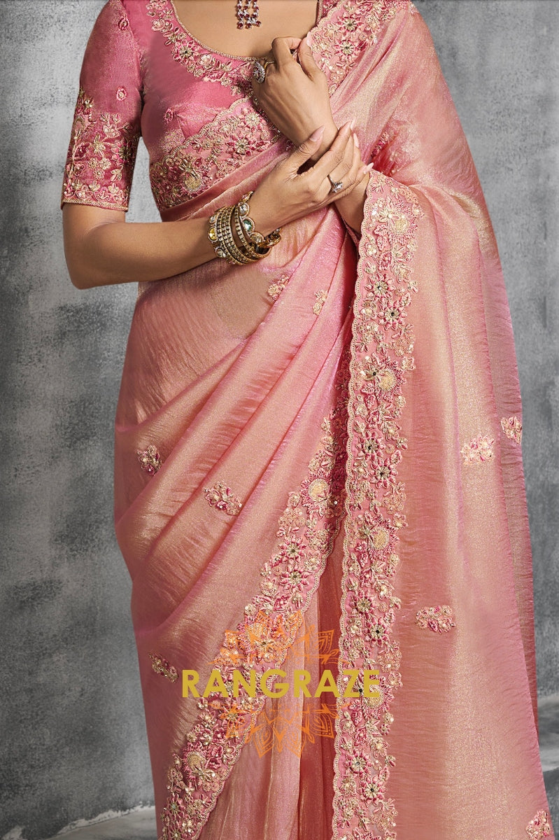 Blush Pink Tissue Silk Saree with Intricate Embroidery