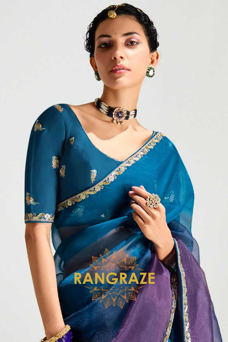 Peacock Teal & Plum Ombre Organza Saree