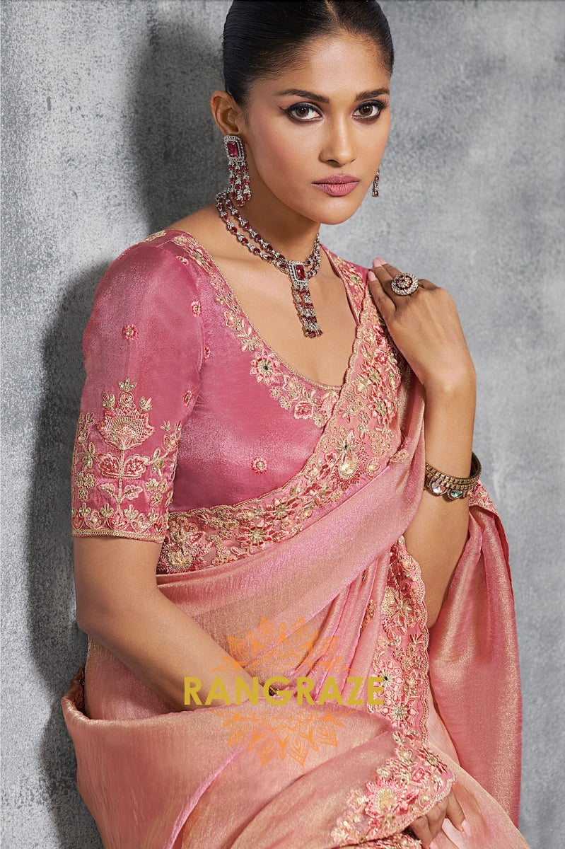 Blush Pink Tissue Silk Saree with Intricate Embroidery