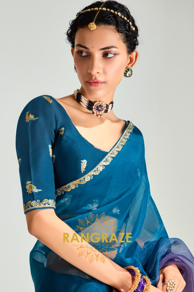 Peacock Teal & Plum Ombre Organza Saree