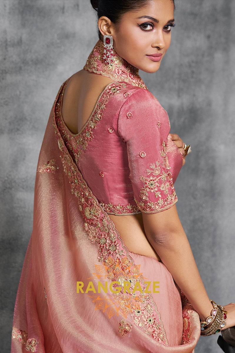 Blush Pink Tissue Silk Saree with Intricate Embroidery