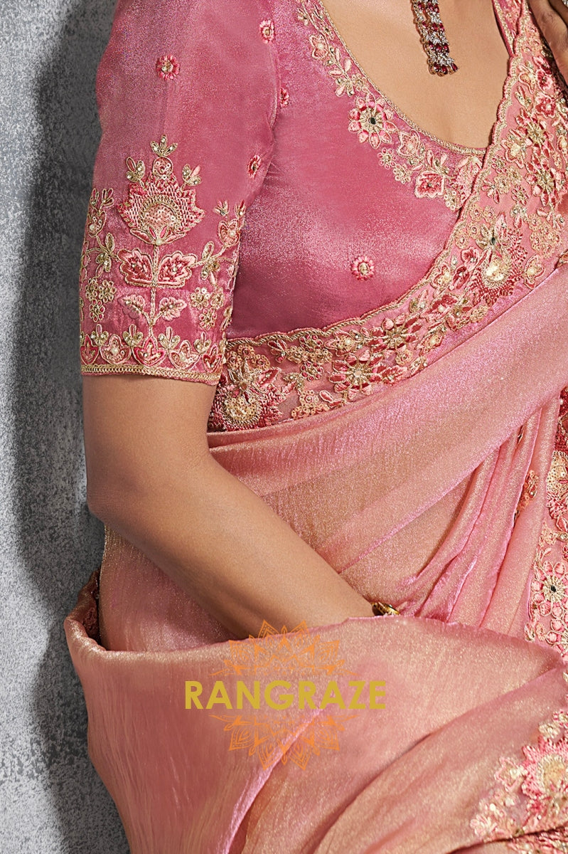 Blush Pink Tissue Silk Saree with Intricate Embroidery