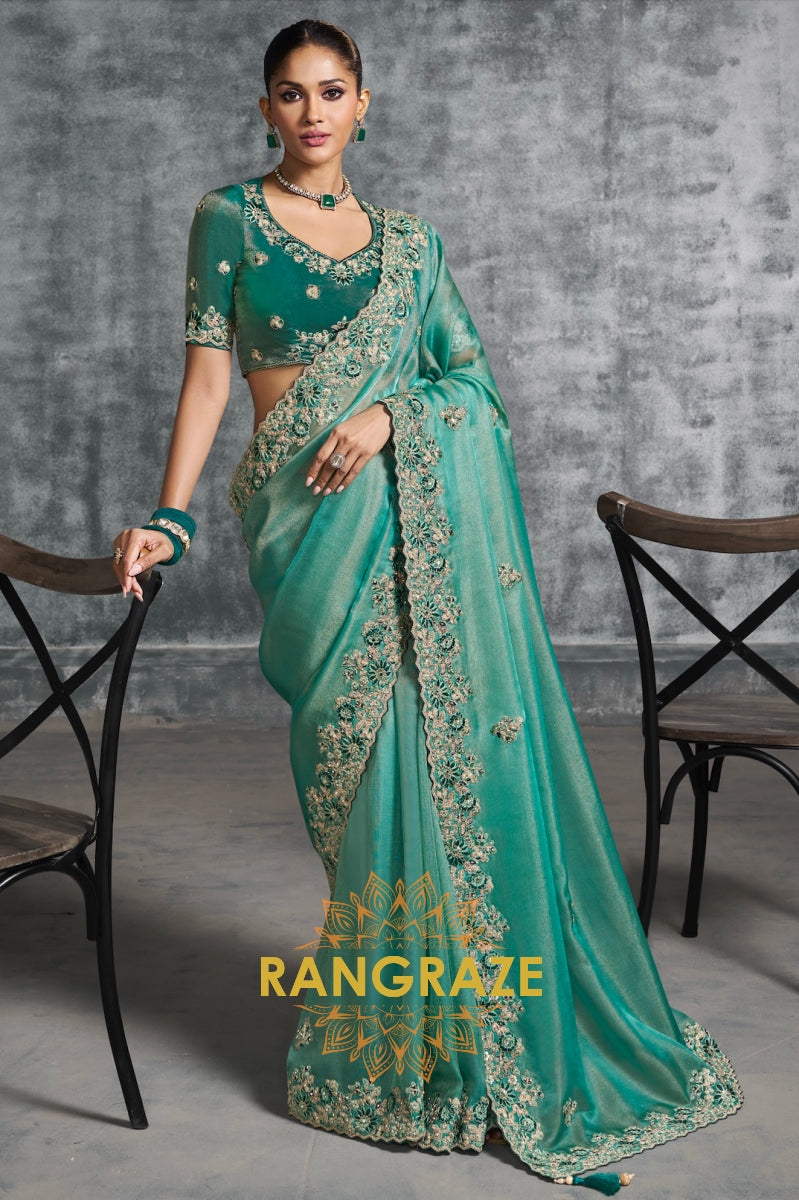 Emerald Green Tissue Saree with Zari & Resham Embroidery