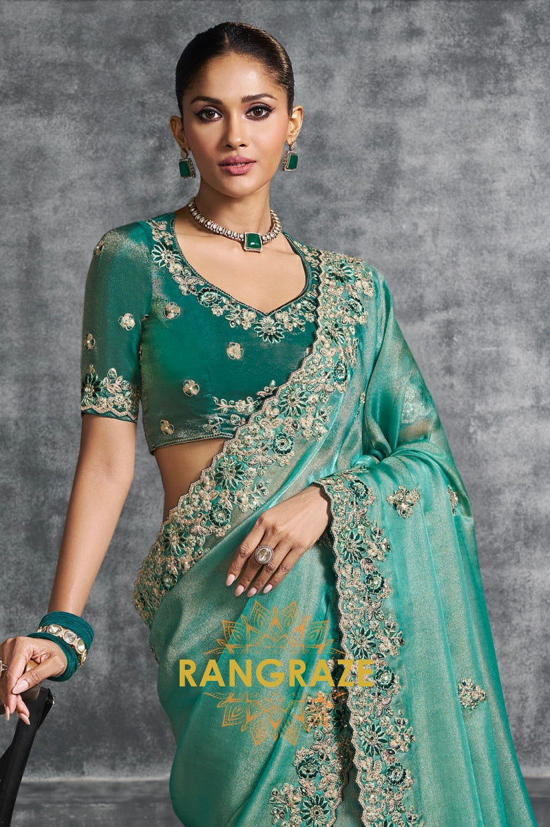 Emerald Green Tissue Saree with Zari & Resham Embroidery