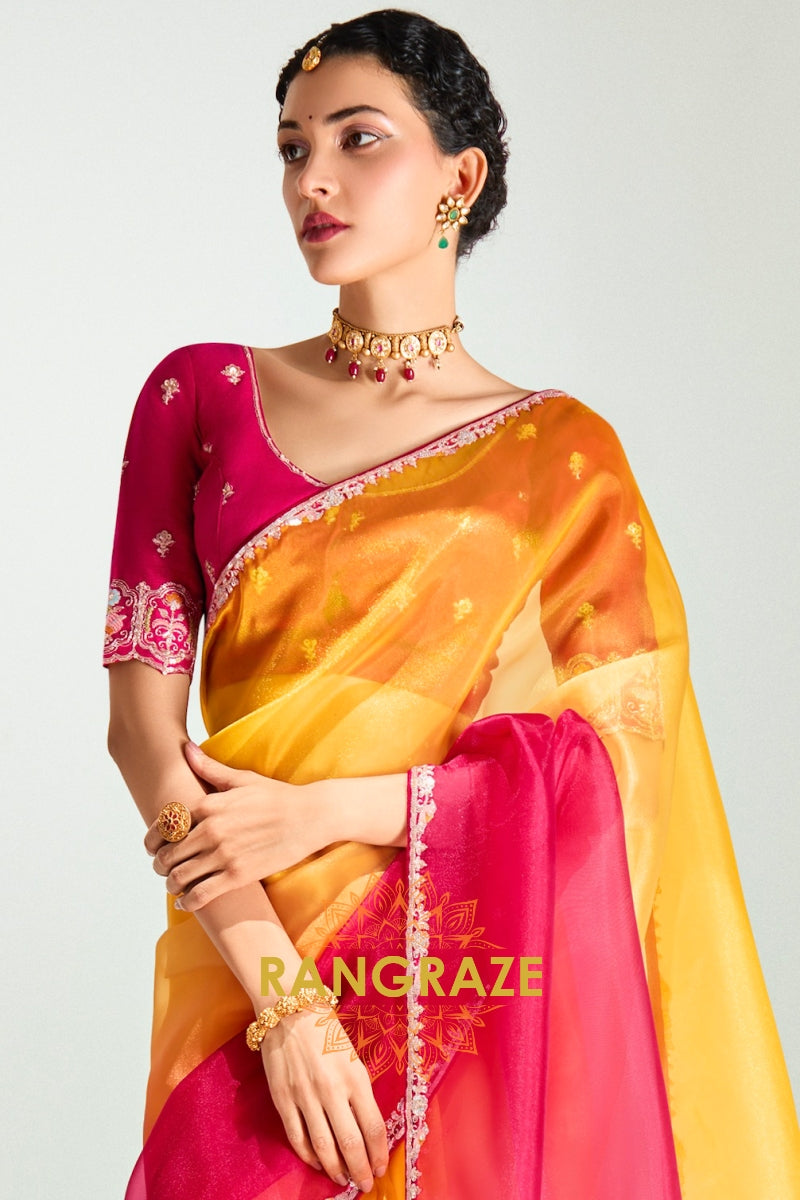 Sunshine Pink Ombre Organza Tissue Silk Saree