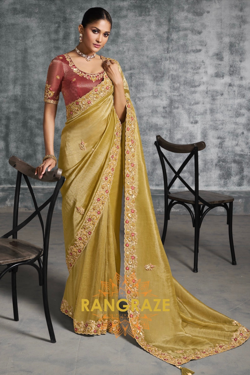 Regal Gold Tissue Zari Saree with Maroon Silk Blouse