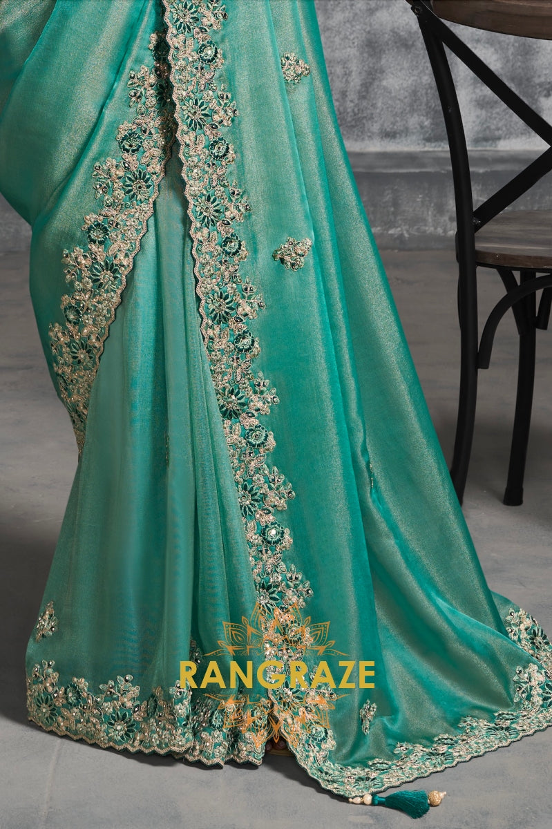 Emerald Green Tissue Saree with Zari & Resham Embroidery