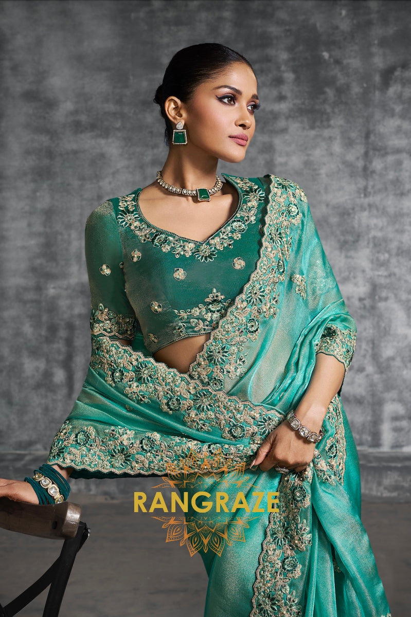 Emerald Green Tissue Saree with Zari & Resham Embroidery