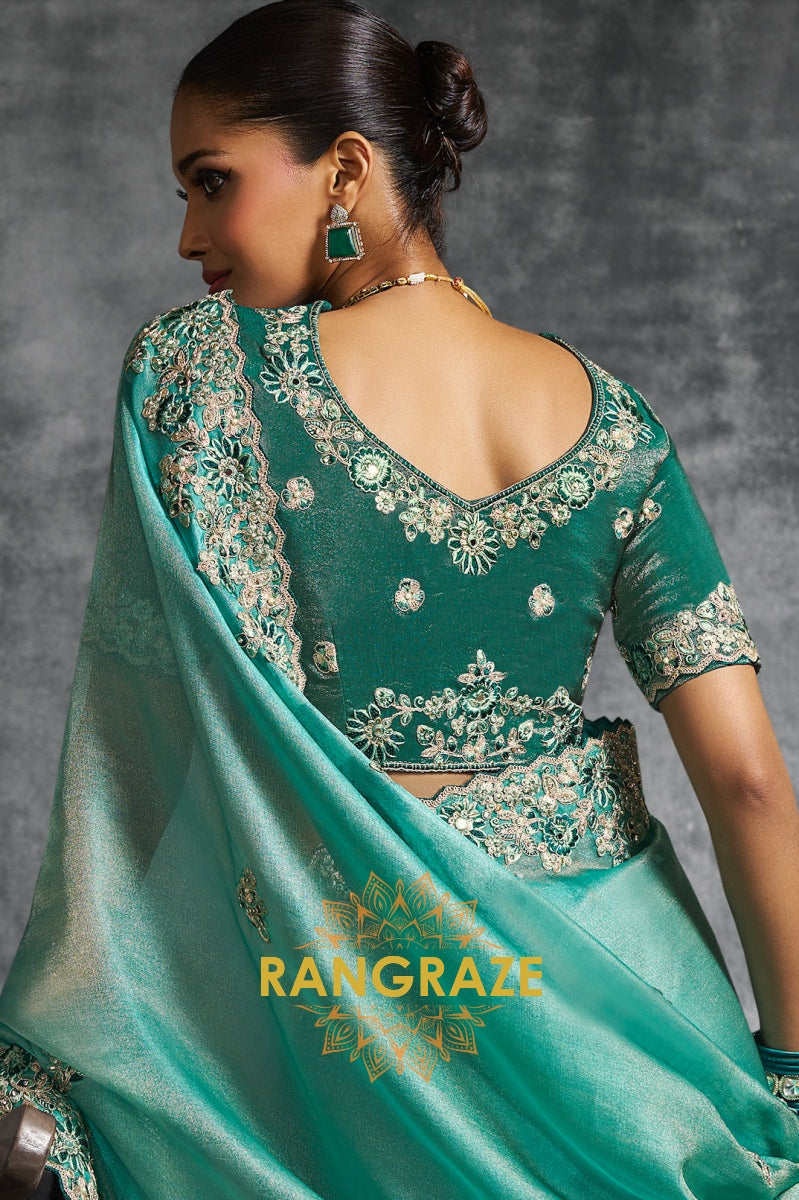 Emerald Green Tissue Saree with Zari & Resham Embroidery