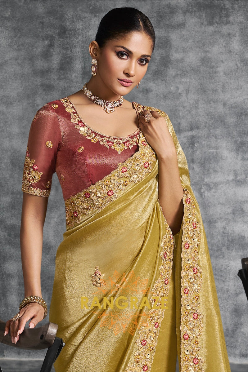 Regal Gold Tissue Zari Saree with Maroon Silk Blouse