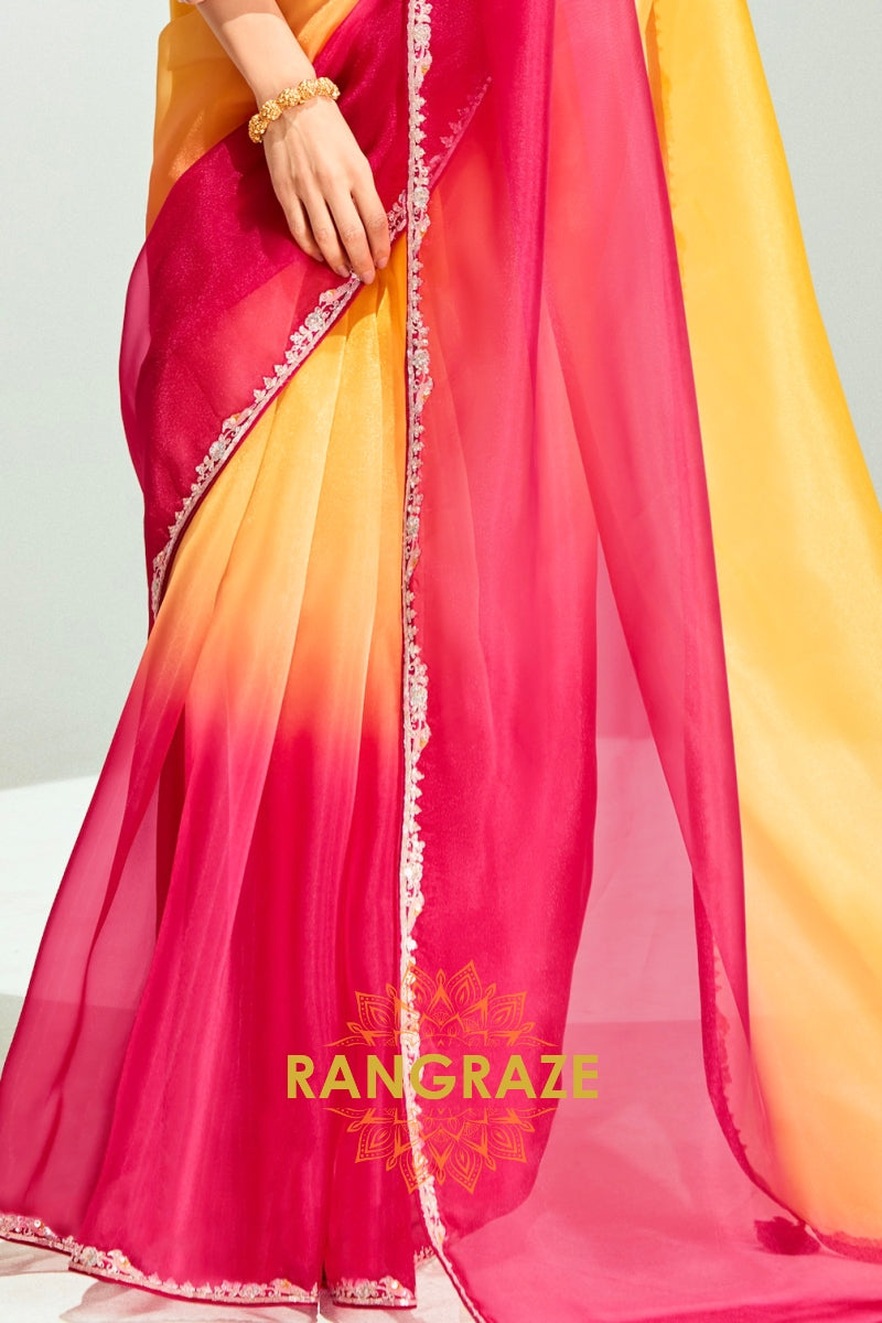 Sunshine Pink Ombre Organza Tissue Silk Saree
