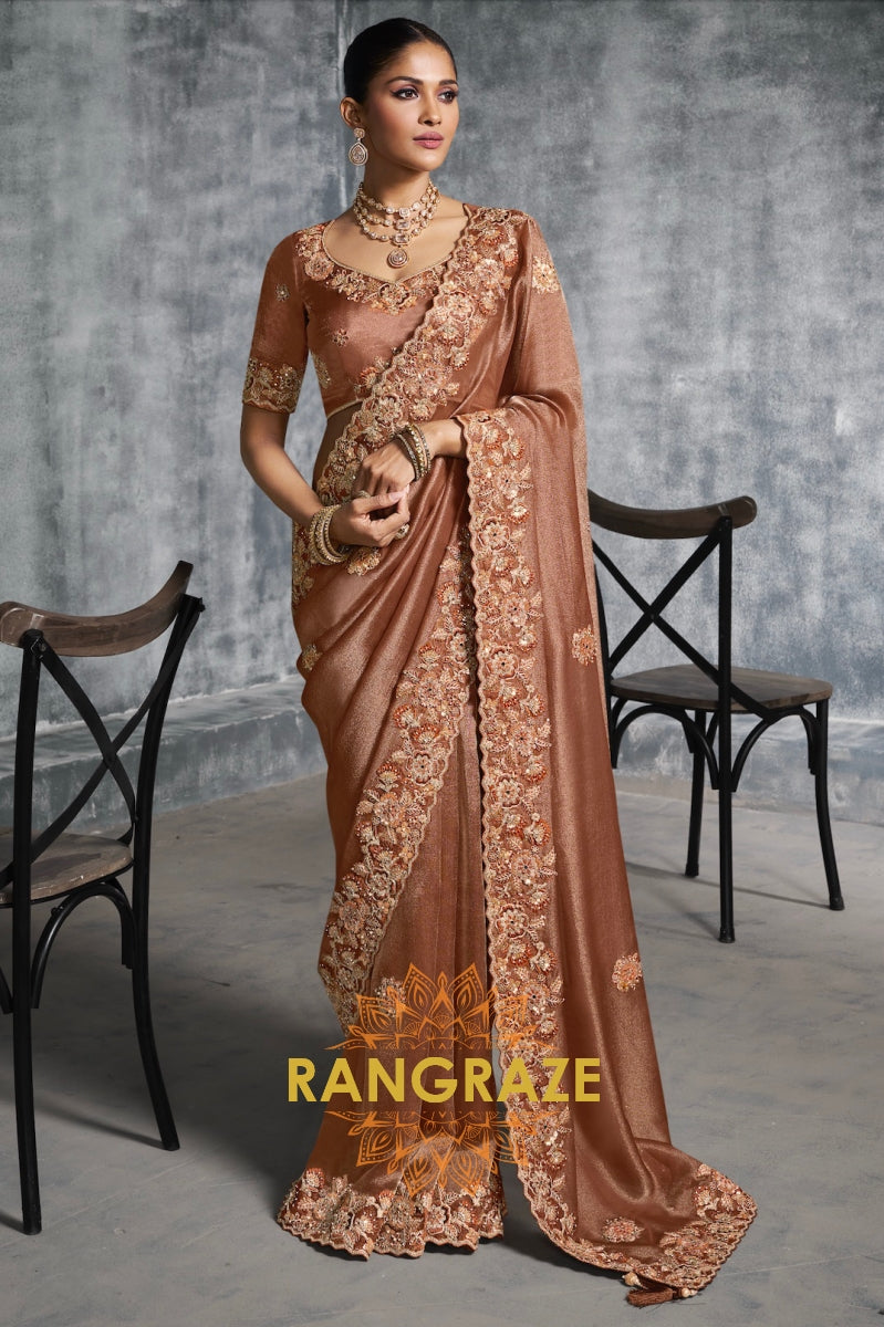 Rich Copper Tissue Zari Saree with Intricate Floral Embroidery