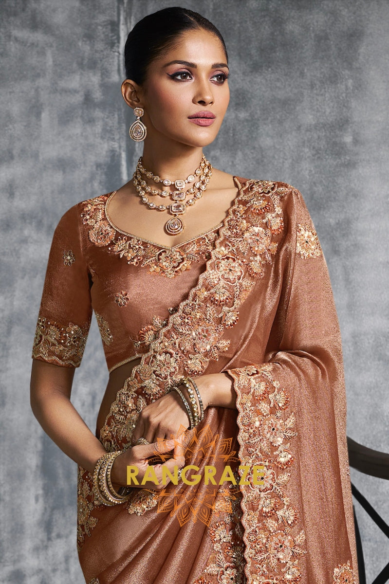 Rich Copper Tissue Zari Saree with Intricate Floral Embroidery