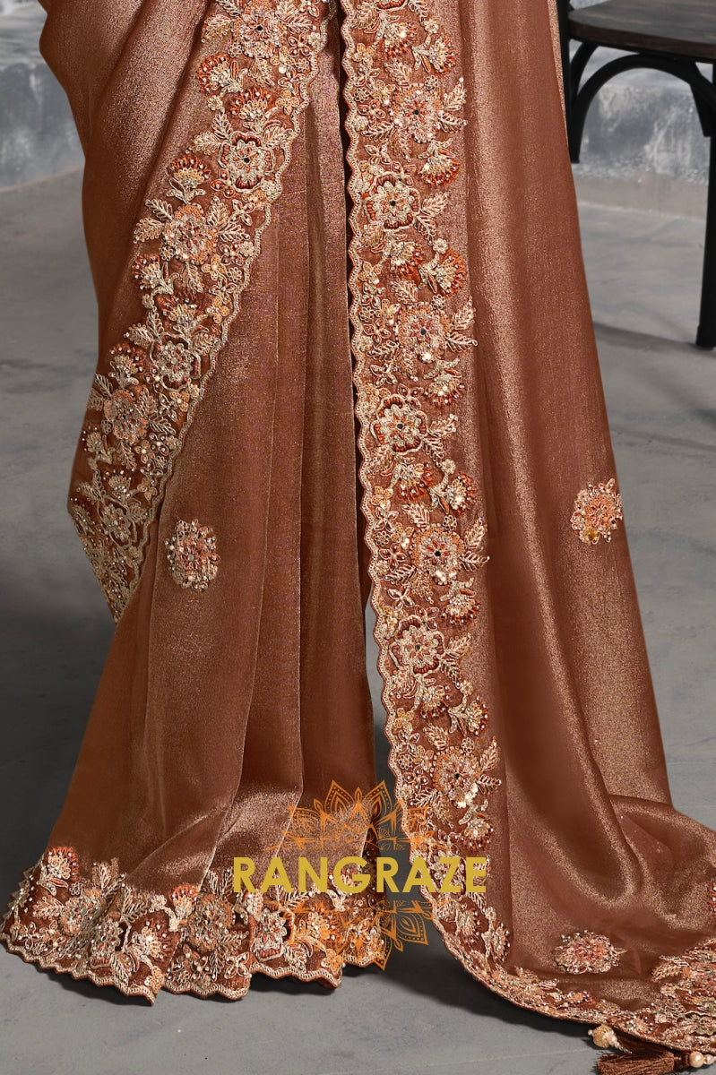 Rich Copper Tissue Zari Saree with Intricate Floral Embroidery